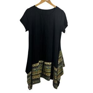 Women Black Tunic Top Lagenlook Asymmetrical Gen Green Abstract Art to Wear